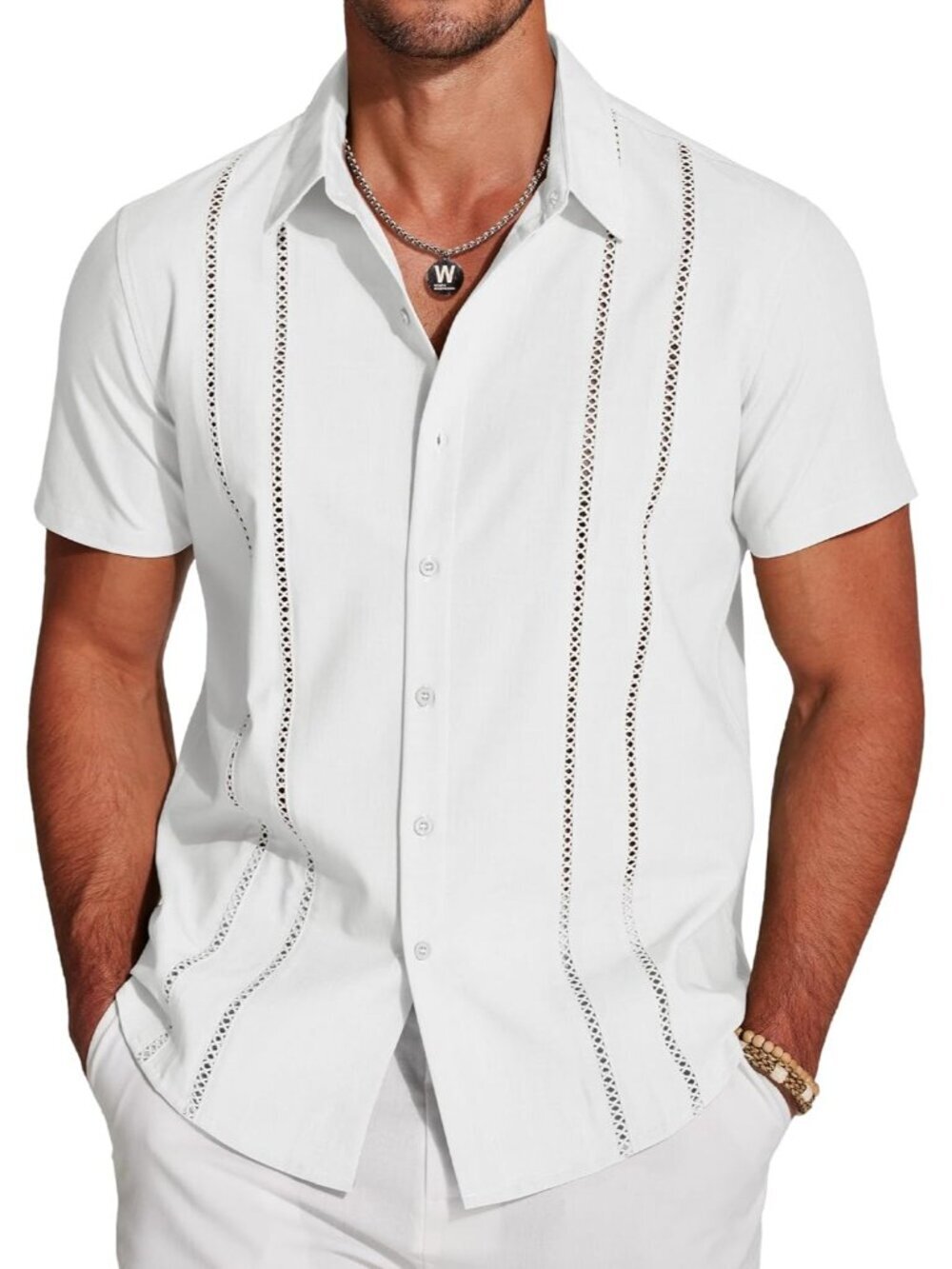 Men's White Cuban Guayabera Shirt Short Sleeve Button Down Linen Casual Summer